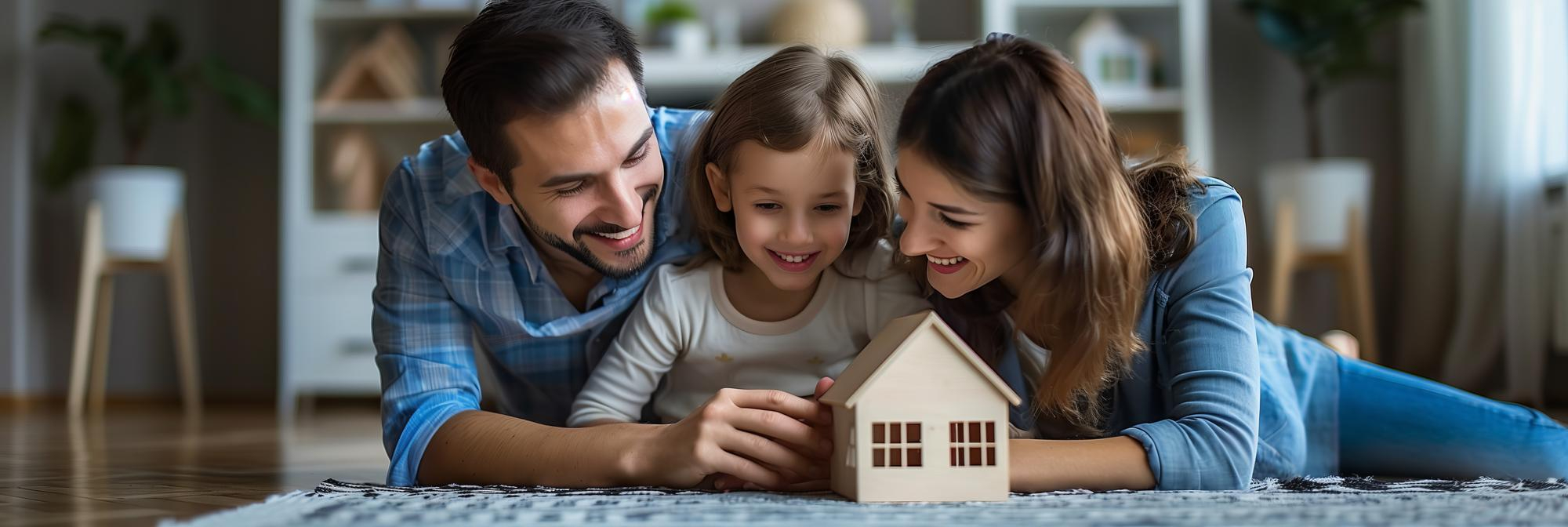Família feliz com modelo de casa